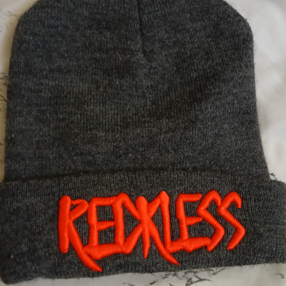Gray and Orange Knit Hat with Cuffed Edge
